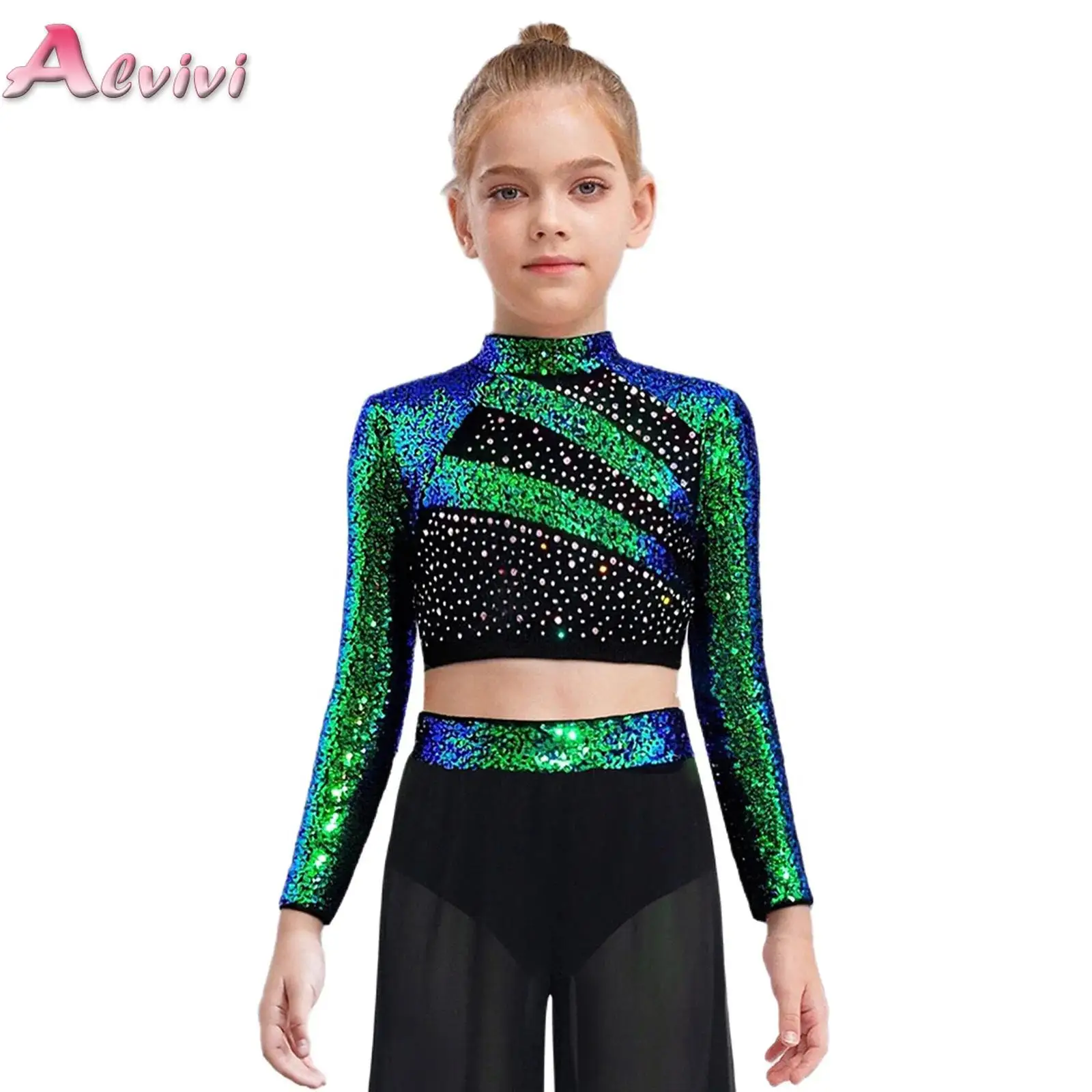 

Jazz Hip-hop Dance Tops for Kids Girls Shiny Sequin Crop Top Mock Neck Long Sleeve Stage Performance Costume Athletic T-Shirts