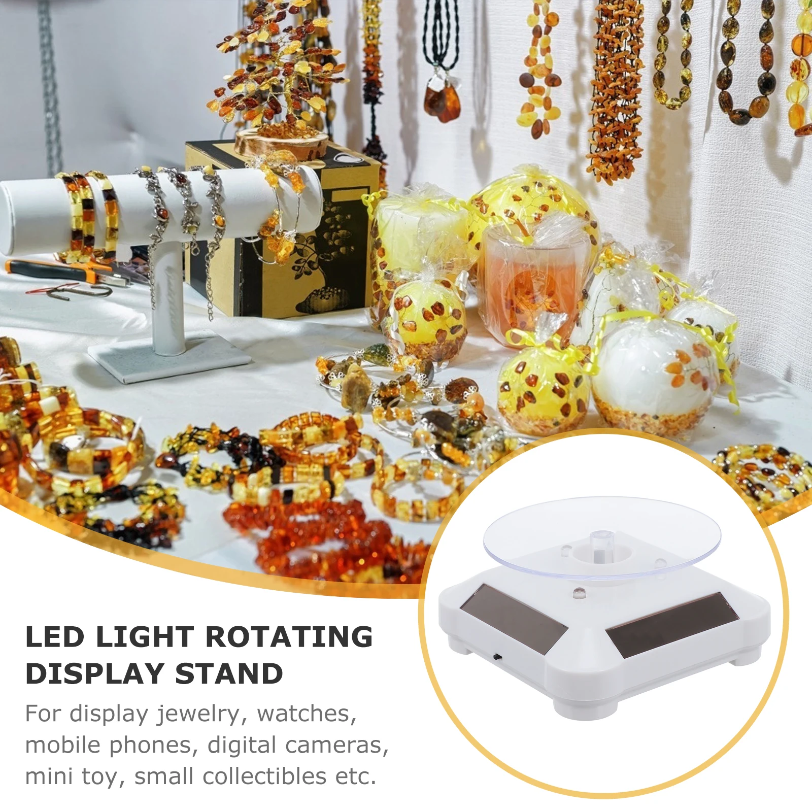 

Plastic Base Rotating Display Stand 360 Degree LED Solar Panels Durable Rack for Earrings Watches Jewelry Turntable Phone Camera