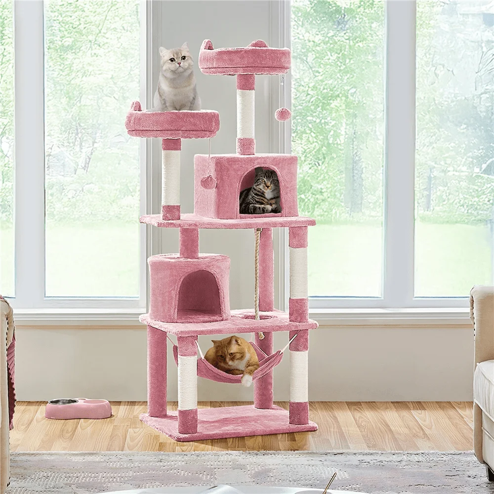 

1PC 62.5H Cat Tree Tower With 2 Condos 5 Sisal Posts, Indoor Cats MultiLevel Climbing Furniture With Hammock Toy Balls, Large P