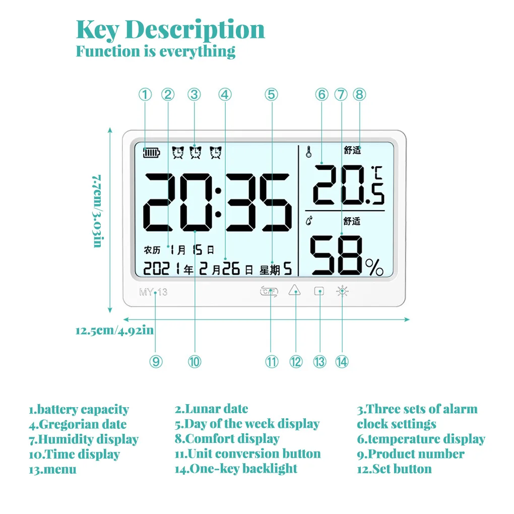 Rechargeable LCD Thermometer Humidity Meter Standing Baby Nursery Temperature Gauge Multifunctional Clock Household