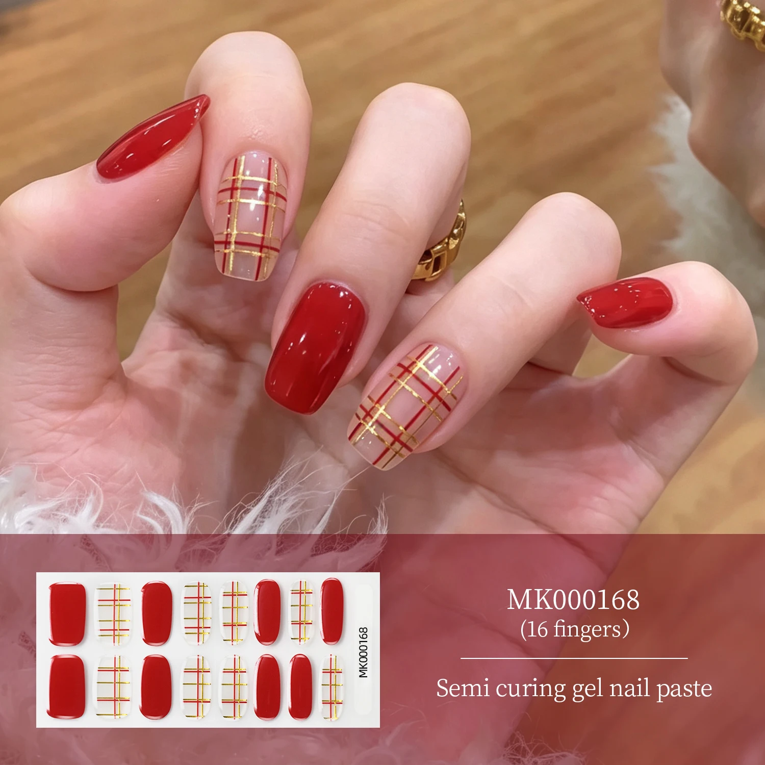 16Tips Red Gold Plaid Baking-Free Gel Nail Stickers Glossy Full Nails Wraps for Holiday Party Daily Self Adhesive Manicure Decal