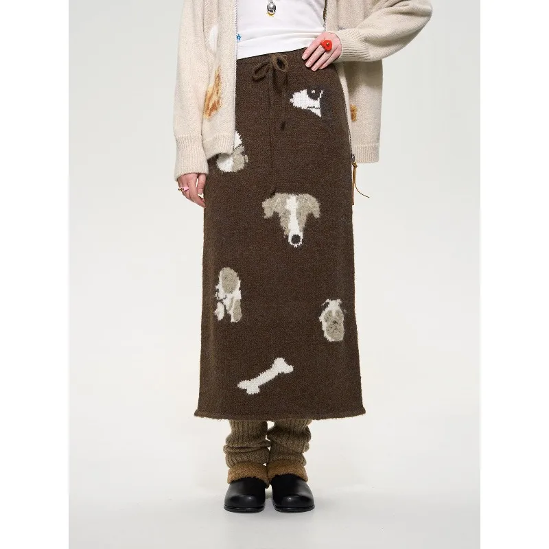 

Vintage Dog Jacquard Loose Knitted A-line Skirt Women 2025 Winter High Waist Lace Up All Match Casual Mid-length Skirt