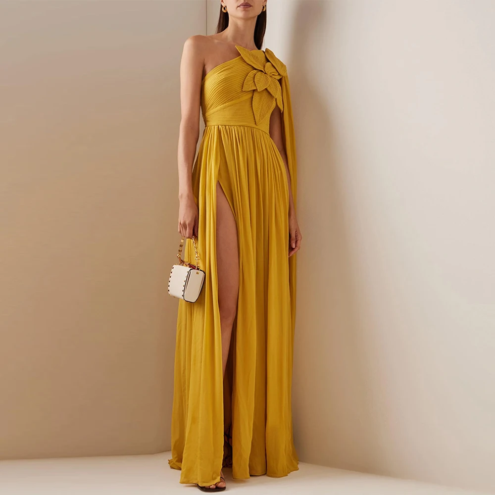 

Customized One Shoulder 3D Flowers Homecoming Dresses Watteau Train Flowers Evening Dresses Yellow Chiffon Celebrity Gowns