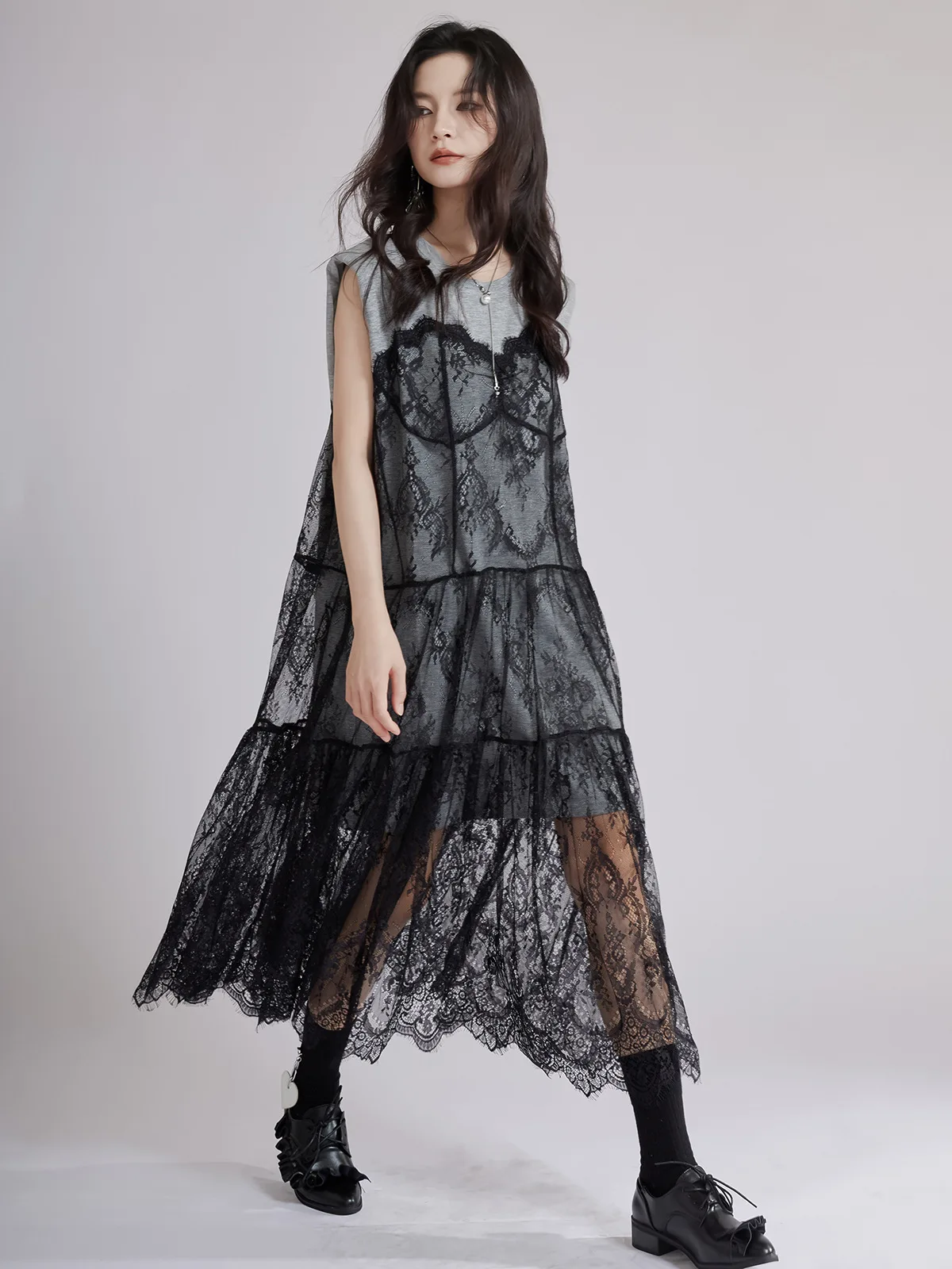 Tannt Women Dress Lace Patchwork Fake Two-piece Sleeveless Perspective Sexy Dresses Color Matching Fashion Long Summer Dresses