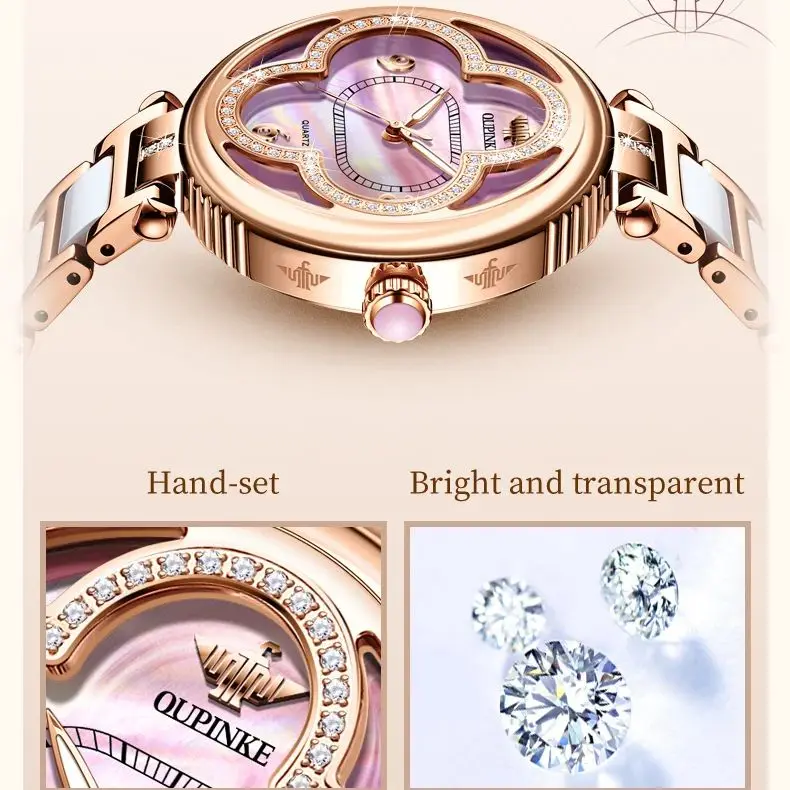 OUPINKE 3272 Women Watch Luxury Lucky Grass Women Imported Movement Quartz Watch Waterproof Ceramic Rotating Diamond Women Watch