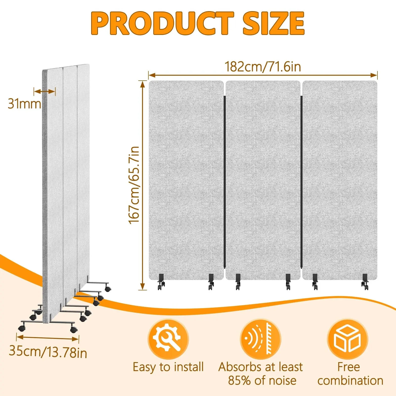 Soundproof Room Divider 3 Panels Rolling Room Divider with Wheels