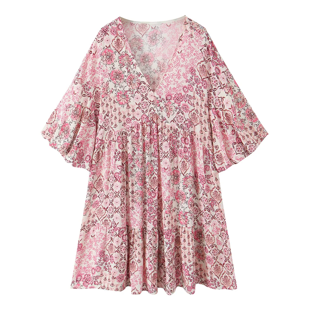 

PB&ZA 2025 Women's Pink Patterned Mini Dress V - Neck with Puff Sleeves Exudes Bohemian - Chic Style and Chic Look