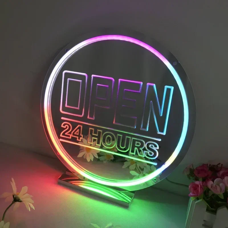 RGB Open 24 Hours LED Lights Open Neon Sign Mirror Colorful Neon Lamp Wall Decor Cafe Bar Store Decoration Shine Neon Light USB