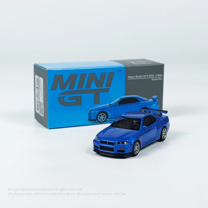 MINIGT 1:64 Jouet Modèle Voiture Skyline GT-R (R34) V-Spec Alliage Moulé Sous Pression Véhicule Bayside Bleu #759 Affichage Collection Cadeaux