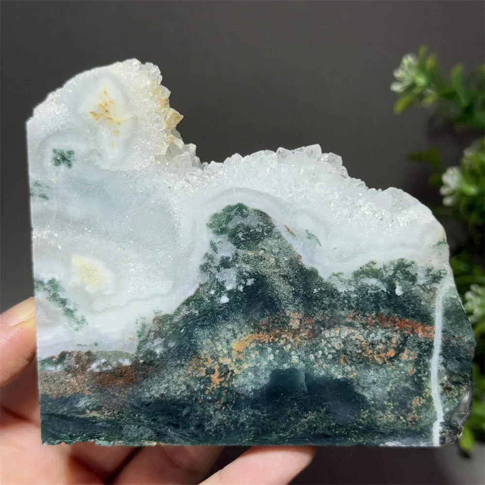 Natural Gemstone Moss Aquatic Plants Agate Crystal Cluster Rough Stone Slice Healing Prayer Home Decoration Gift + Bracket
