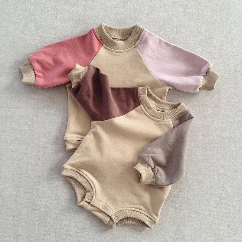 

Baby clothes spring and autumn color matching long sleeved cotton girl Romper casual solid color male baby triangle jumpsuit