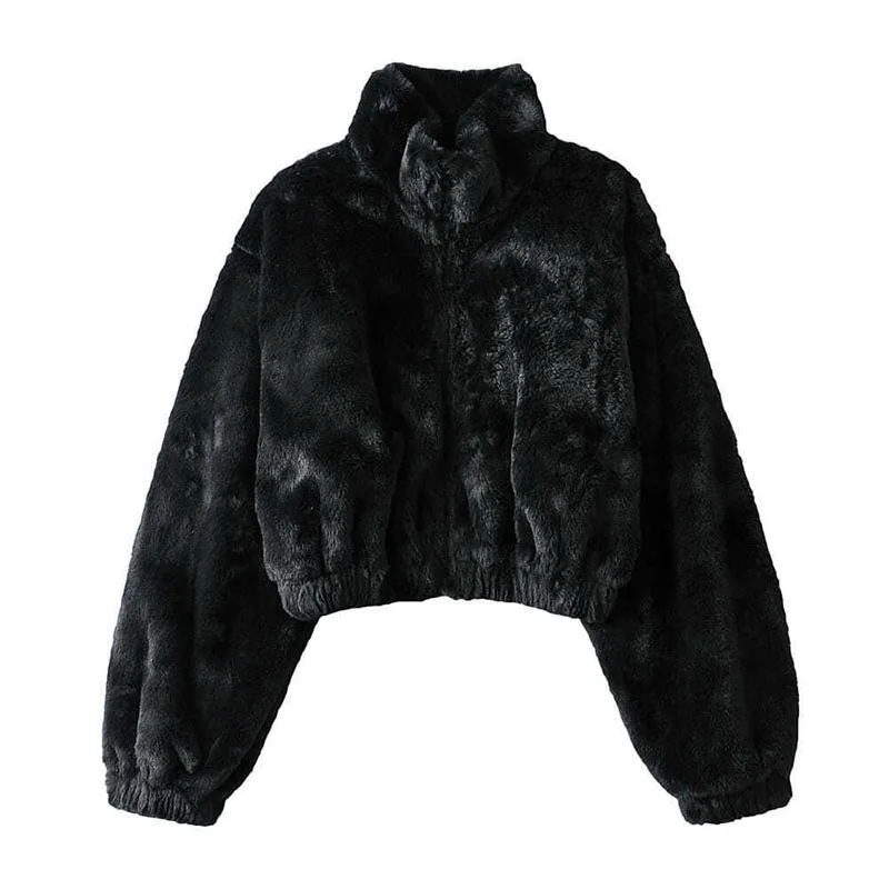 Cropped Faux Fur Jacket Coat Women Vintage Streetwear Stand-up Collar Rabbit Fur Outerwear Autumn Winter Thick Warm Plush Jacket