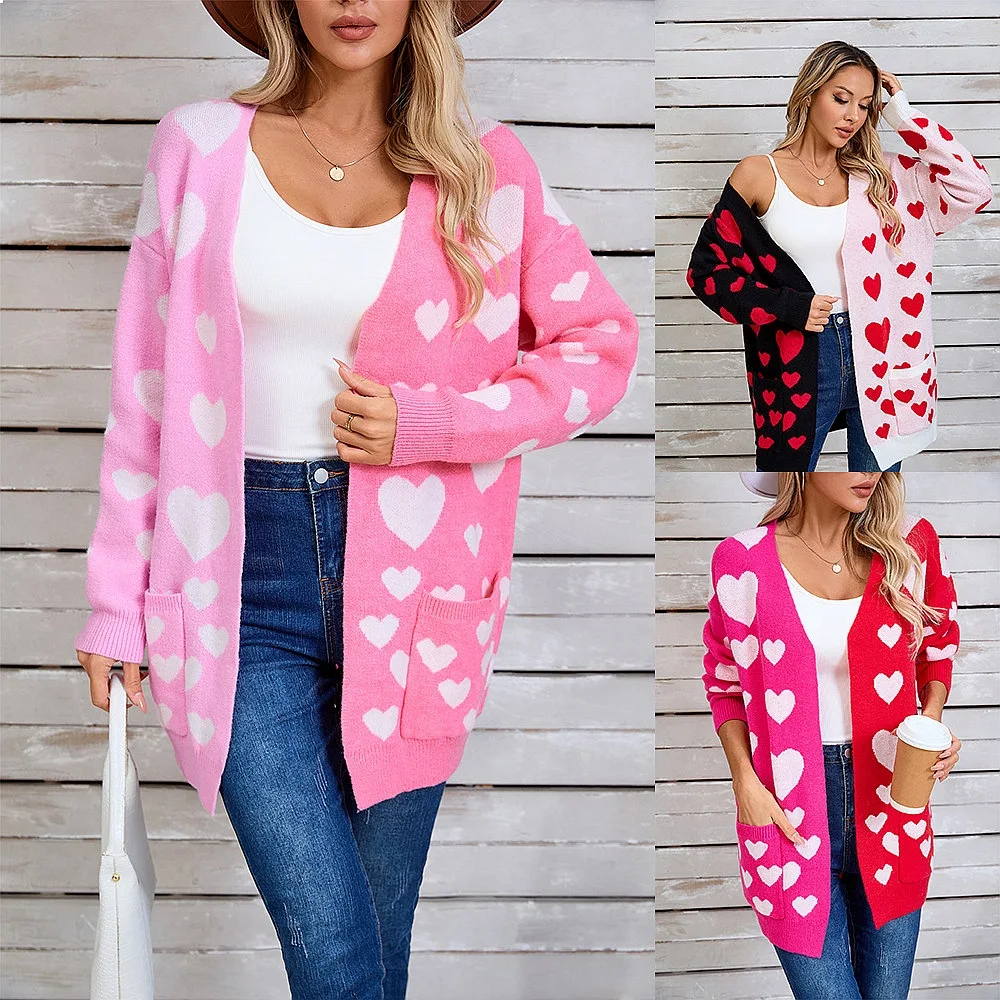 Women Cardigan Love Heart Knit Sweater Long Coat Pocket Patchwork Spring Summer Cardigans Sweaters