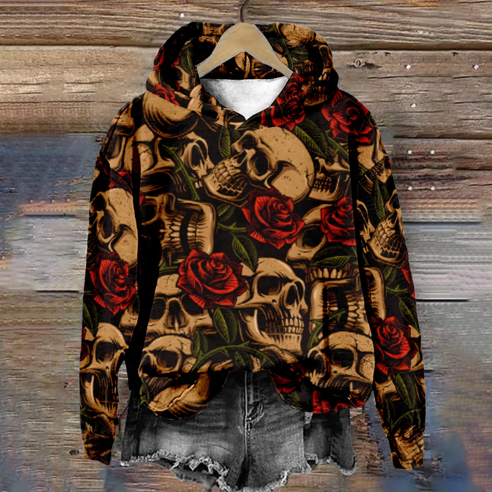 Women Hoodie Skull and Rose Print Cool Pullover Casual Y2K Harajuku Vintage Streetwear Sweatshirt