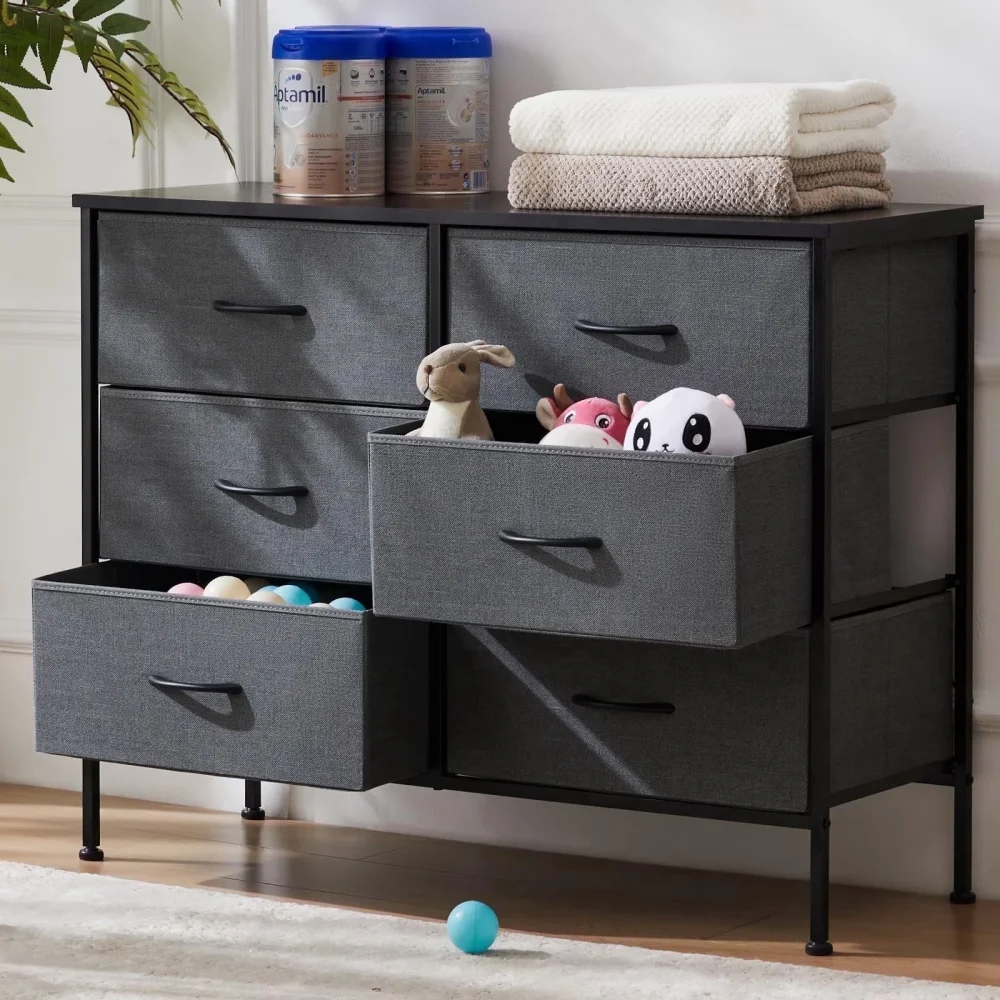 5 Drawer Storage Cabinet Fabric Dresser with Black Metal Frame Large Capacity Storage Cabinet with Removable Fabric Drawers Tall Storage Shelves Organizer Unit for Bedroom Living Room Home Furniture