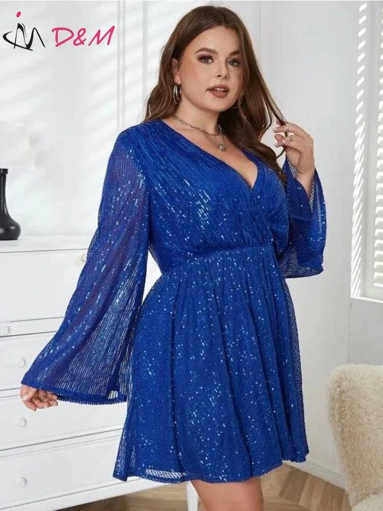 D & M-Vestidos elegantes y bonitos Para Mujer, ropa de noche con manga trompeta y lentejuelas, talla grande 4XL