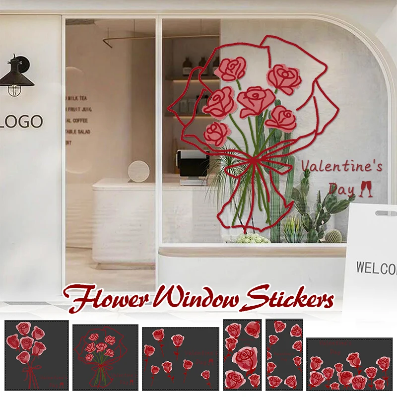 

Romantic Red Rose Window Stickers Colorful Plants Flowers Static Cling Window Film Valentine's Day Home Decor Decals
