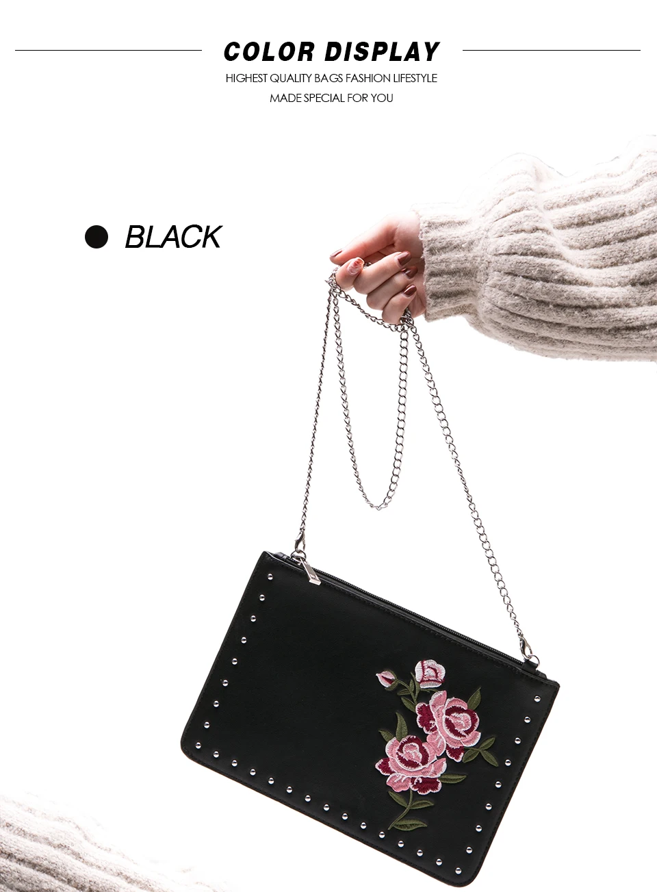 

Black Floral Pattern Shoulder Bag for Women with Chain Belt Fashionable Accessory
