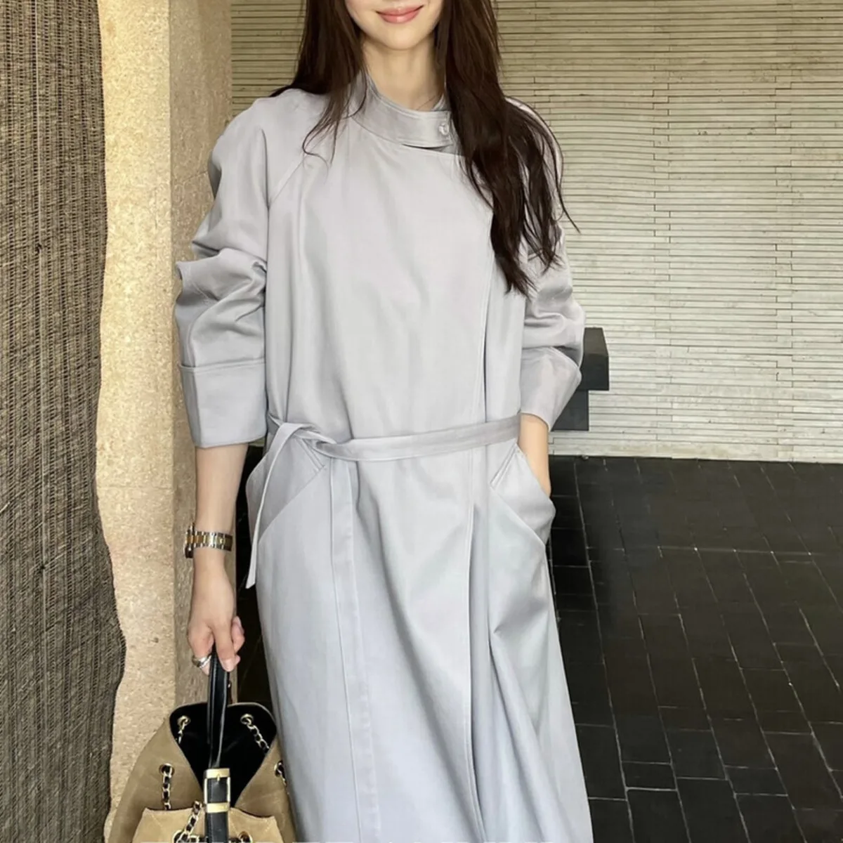 KWTX New Women’s Long Trench Coat Autumn Winter Solid Belted Stand Collar One Button Casual Chic Designer Elegant Vintage Style