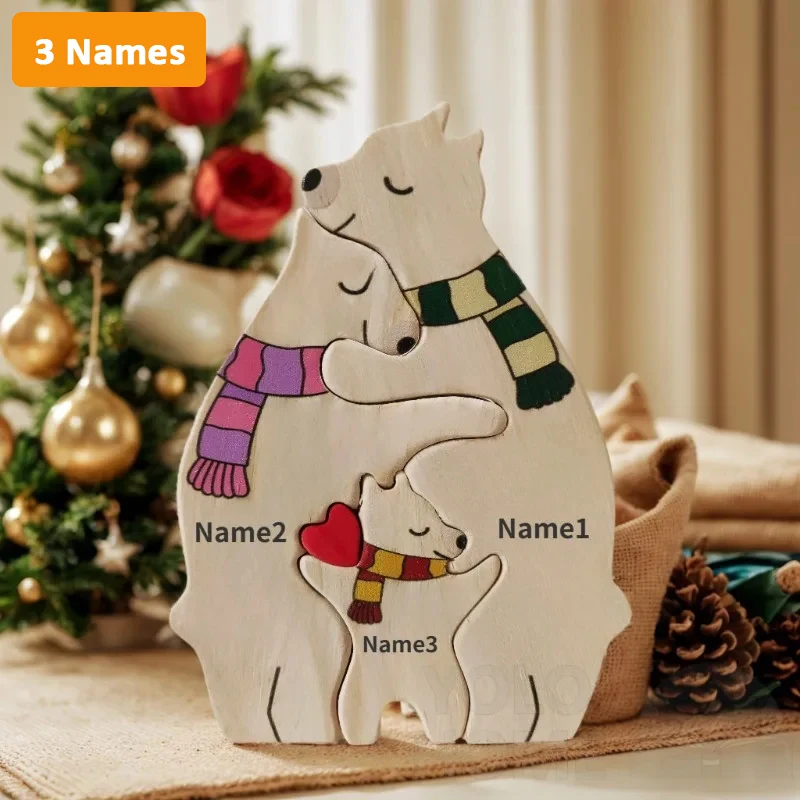 

New Christmas Scarf Wooden Bear Family Puzzle Personalized Name Birthday Gift Warm Home Decor Desk Ornament Christmas Decoration