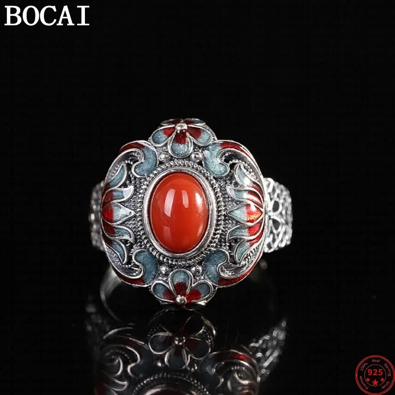 

BOCAI S925 Sterling Silver Charms Rings for Women Men Retro Cloisonne Emboss Flowers Inlaid Red Agate New Fashion Punk Jewelry