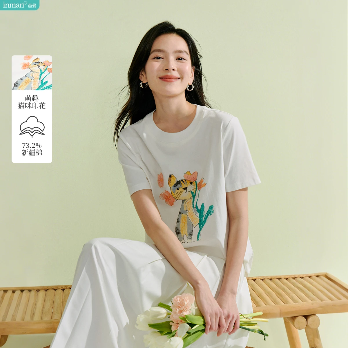 

Inman Cat Print Cute Crew Neck Short-Sleeve T-Shirt 2025 Summer Women's New Breathable Cotton Loose Top