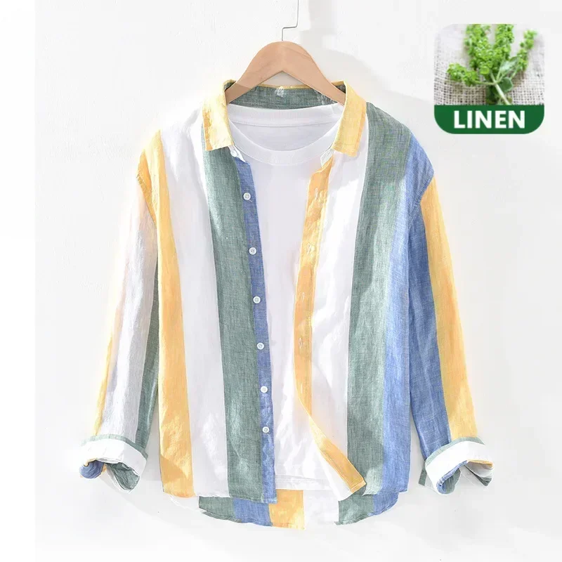 

Spring and Autumn Striped Linen Shirts for Men Pure Linen Made Breathable Comfortable Long Sleeve Loose Men Clothing CM1938