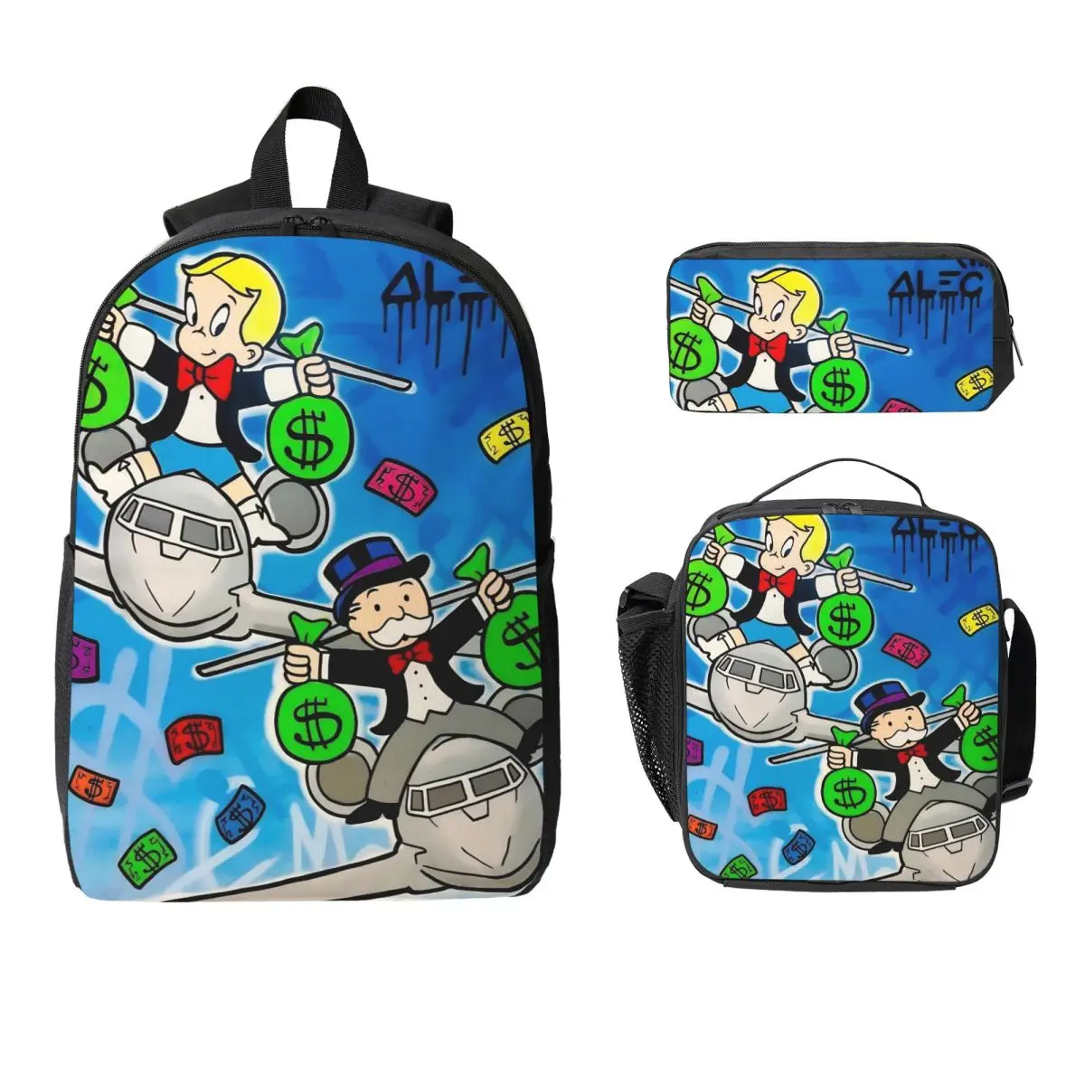 3Pcs Alec Monopolys merch Backpack Set for Children Pencil Boxes Bookbag Sets with Lunch Box For School Students Knapsack
