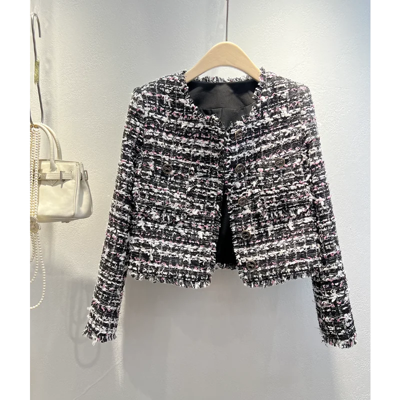 Small Fragrance Round-neck Tassels Long-sleeved Coat for Women Sweet Tweed Jacket Multiple Pockets French-style Short Jacket