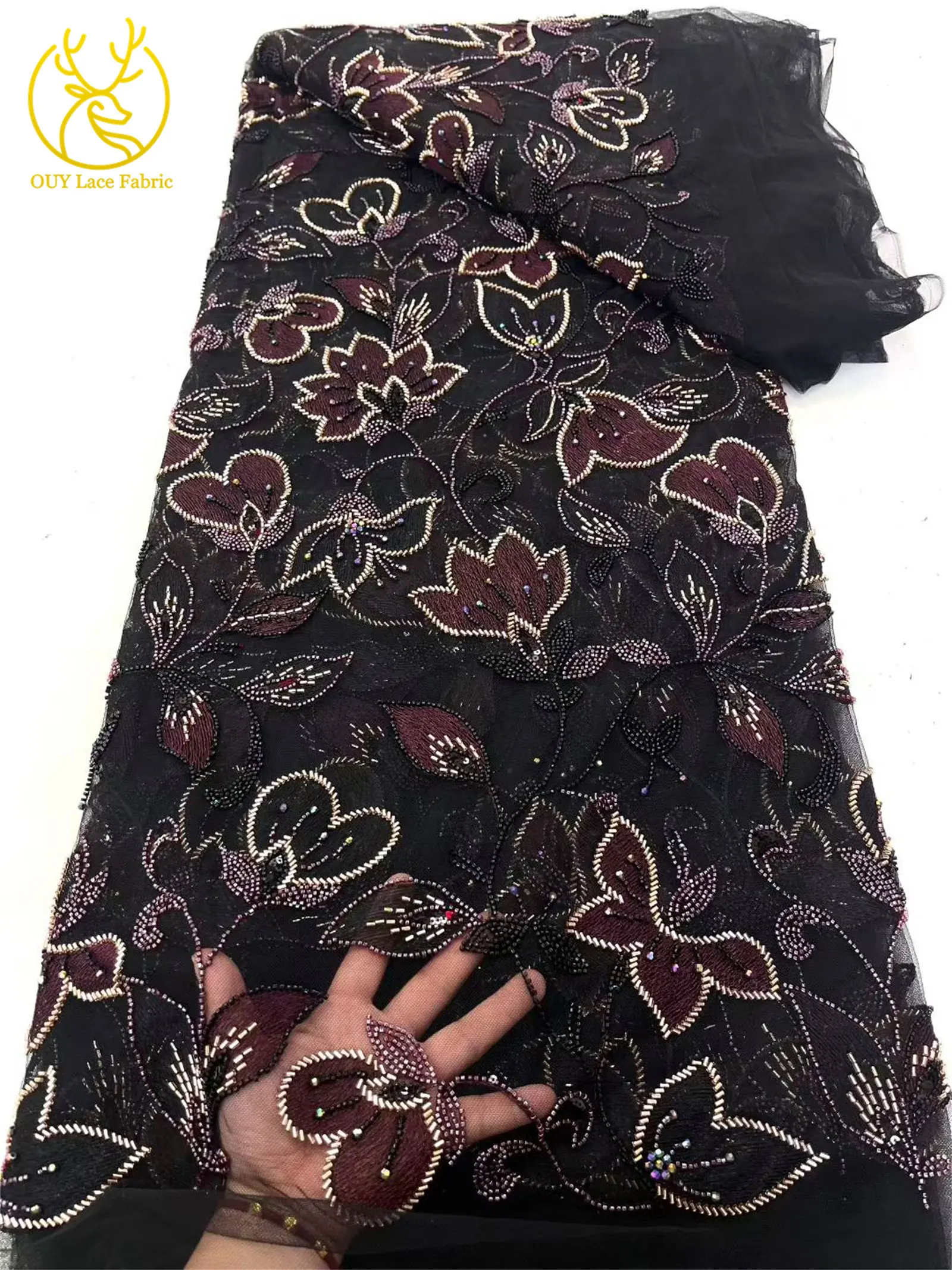 ホットセール　アフリカの手作りビーズスパンコールウェディングレース生地　フランスチュール　新郎刺繍生地　レディースパーティーイブニングドレス