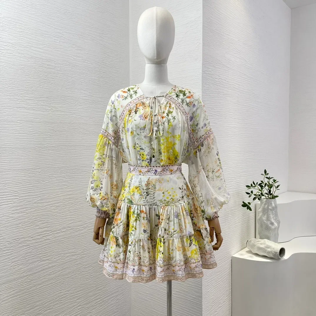 

Yellow White Floral Print Long Sleeve Diamonds Blouse Tops and Skirt Set