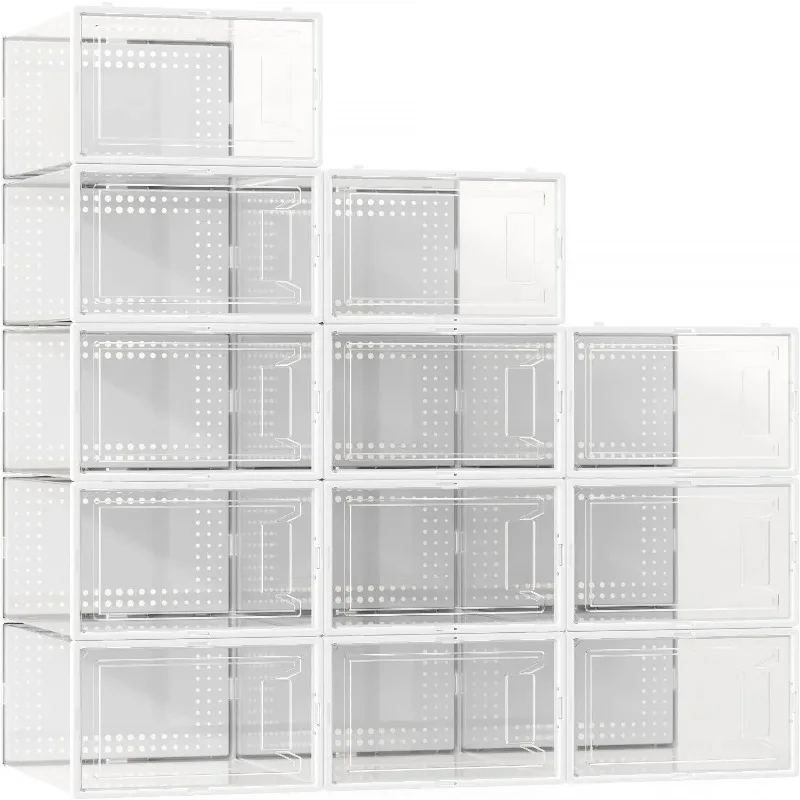 

12 Pack XX Large Shoe Storage Organizer for Closet, Modular Space Saving Shoe Boxes Clear Plastic Stackable Containers Display