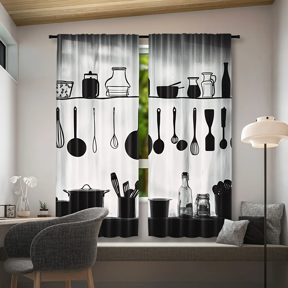 Modern Kitchen Utensils Silhouette Curtains Window Treatment Bistro Style Cooking Decor Home Accent Fabric Curtain Panel