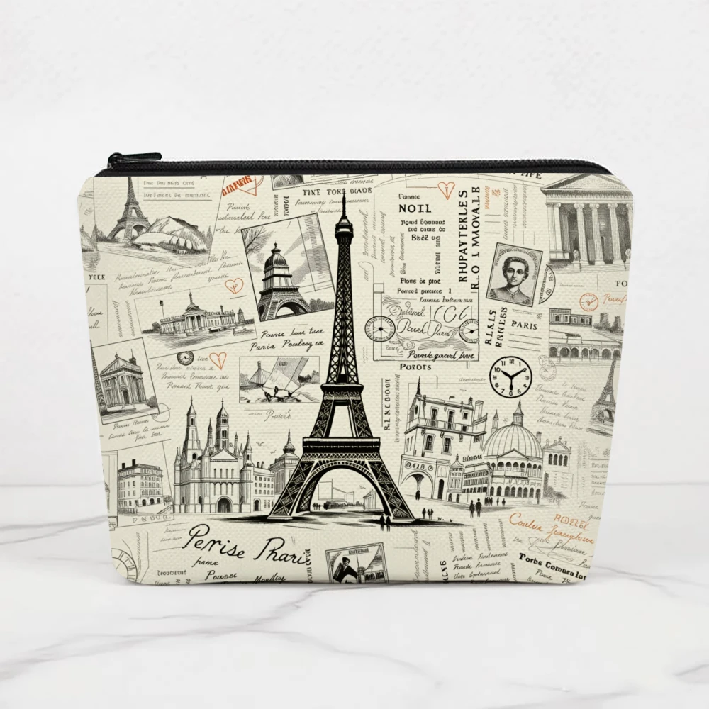 Paris Landmarks Vintage Map Design Makeup Bags for Girls Cosmetic Pouch Toiletry Bag Pencil Case Travel Storage