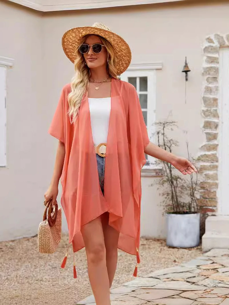 Simple Pure Color Chiffon Beach Bikini Cover Ups Swimwear Women Summer Sun Protection Cardigan Leisure Travel Cape Long