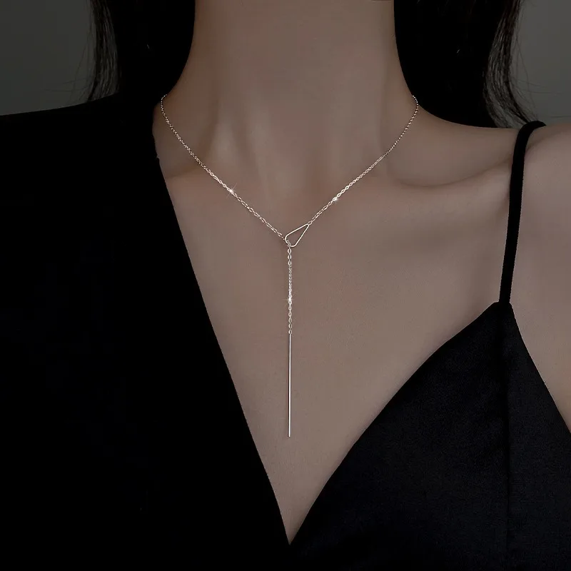 Slender Minimalist 925 Sterling Silver Single-thread Long Tassel Pendant Necklace for Woman Sweater Chain Jewelry Accessory Gift