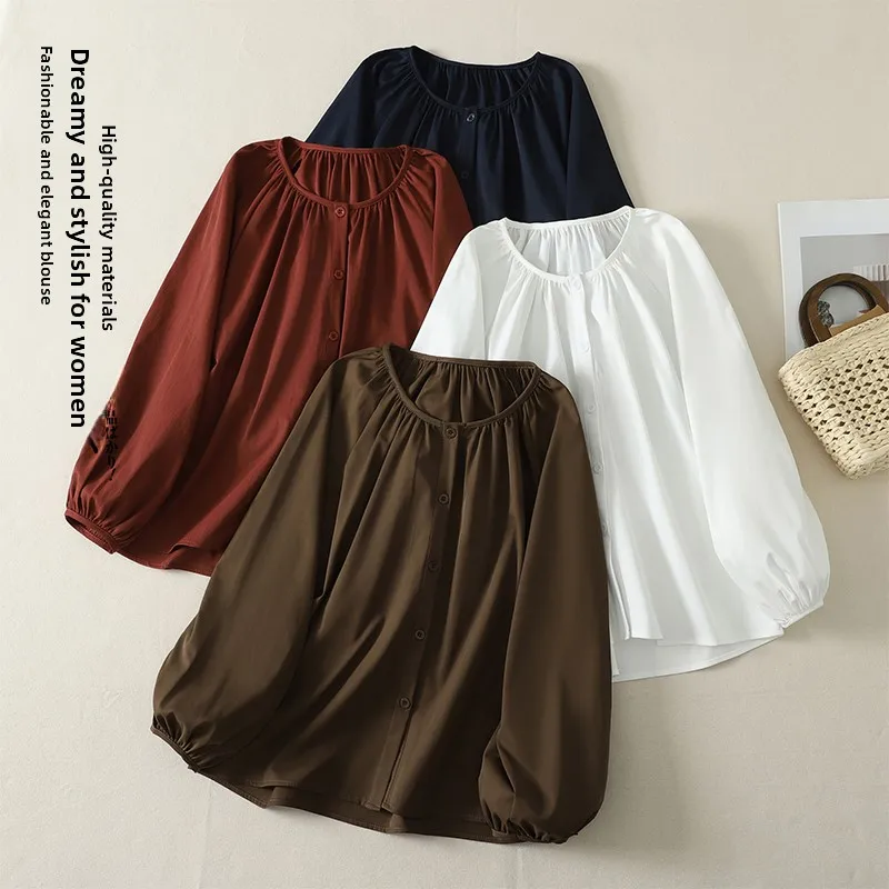 Spring Autumn Loose Fit Pure Color Long Sleeve Women's Shirt Versatile Casual Style Bubble Sleeve Non Deformable Top