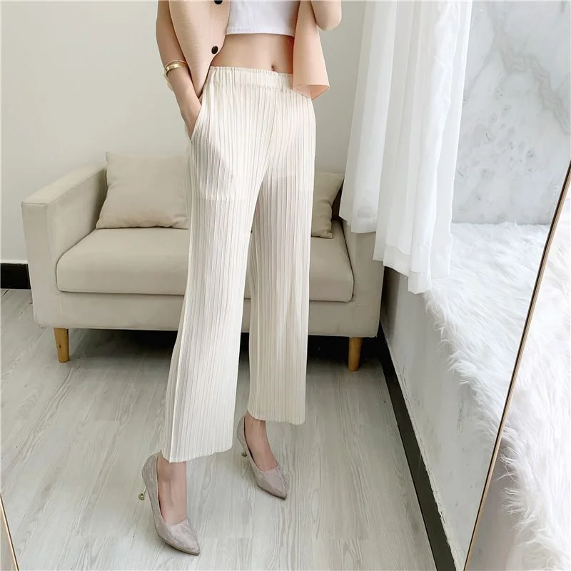 High Waist Wide Leg Pants Women's Casual Trousers Loose Fit Nine Points Drapey Polyester Fiber Folded Design Summer 2024