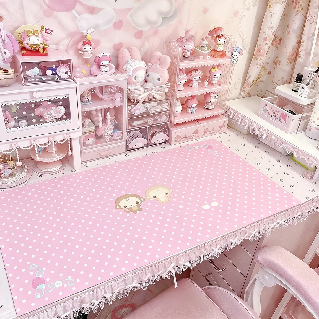 Large Leather Desk Pad Protector Polka Dots Cute Monkey Kawaii Mouse Pad Office Desk Mat Waterproof Non-Slip PU Desk Blotter Pad
