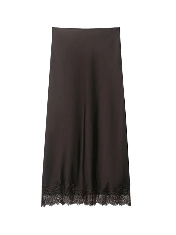 Women's High Waist Lace Straight Midi Skirt Fashion Side Zipper Female Skirts Elegant Stain Design Mujer