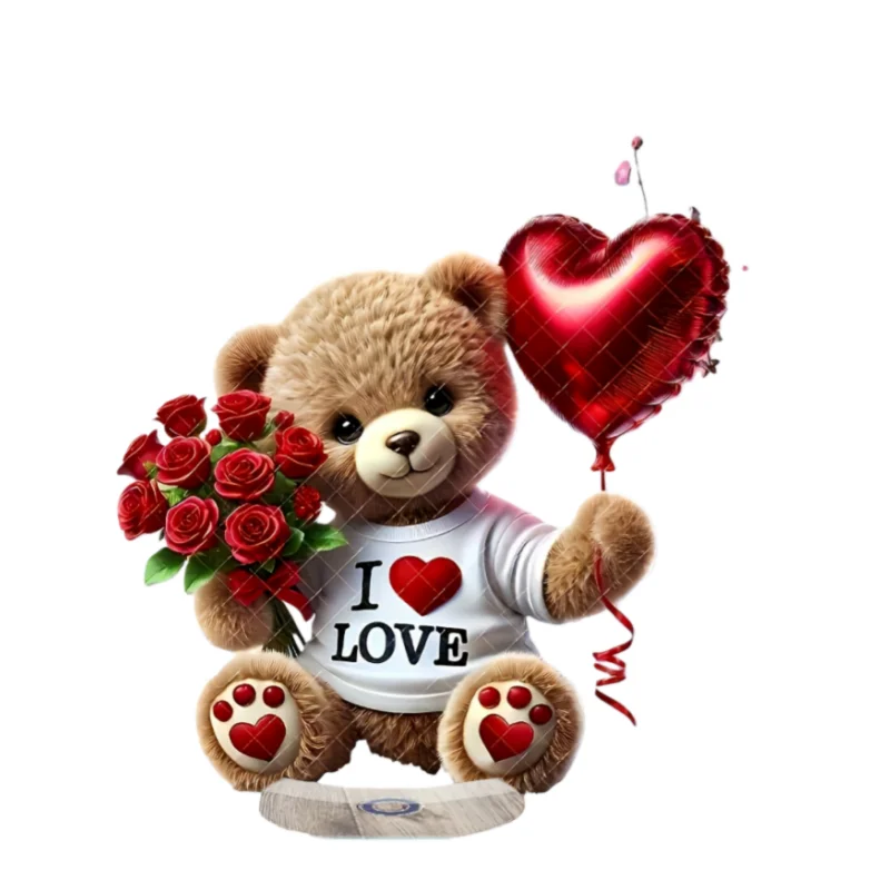 1-Piece Acrylic Flat Heart-Shaped Bear Ornament in Bohemian Style, Holiday Craft with Roses and Heart Balloons, Perfect for Home, Office, Garden, Ideal Valentine's Day Gift
