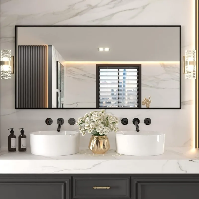 

Rectangular bathroom mirror wall, matte aluminum frame, tempered glass, easy to install