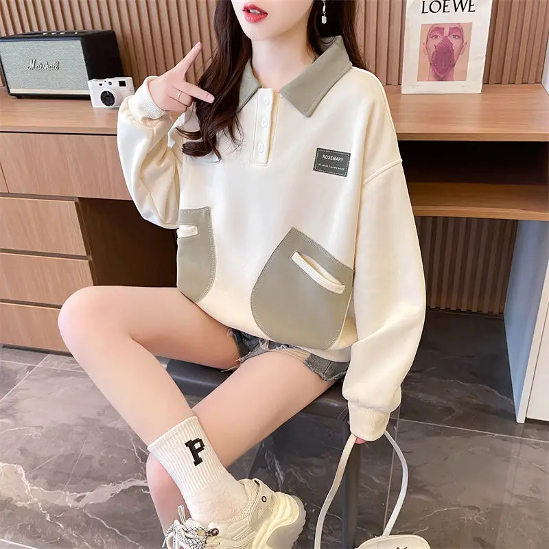 Fashion Lapel Button Spliced Pockets Sweet Polo Shirts Female Clothing 2024 Autumn Winter New Loose Korean Tops Casual Tee Shirt