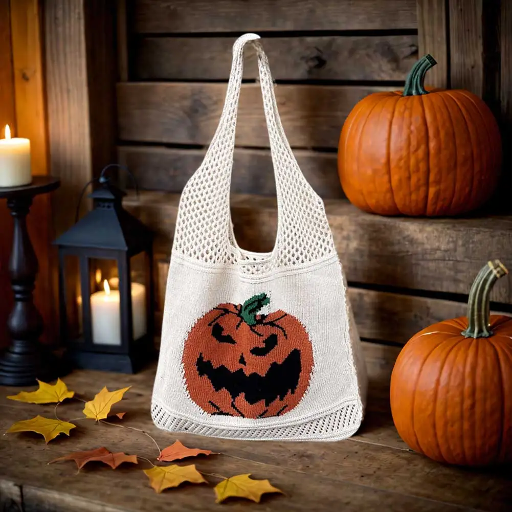 Pumpkin Pattern Knit Tote Bag para Mulheres, Bolsa Halloween, Novidade Bolsa, Compras, Viagem