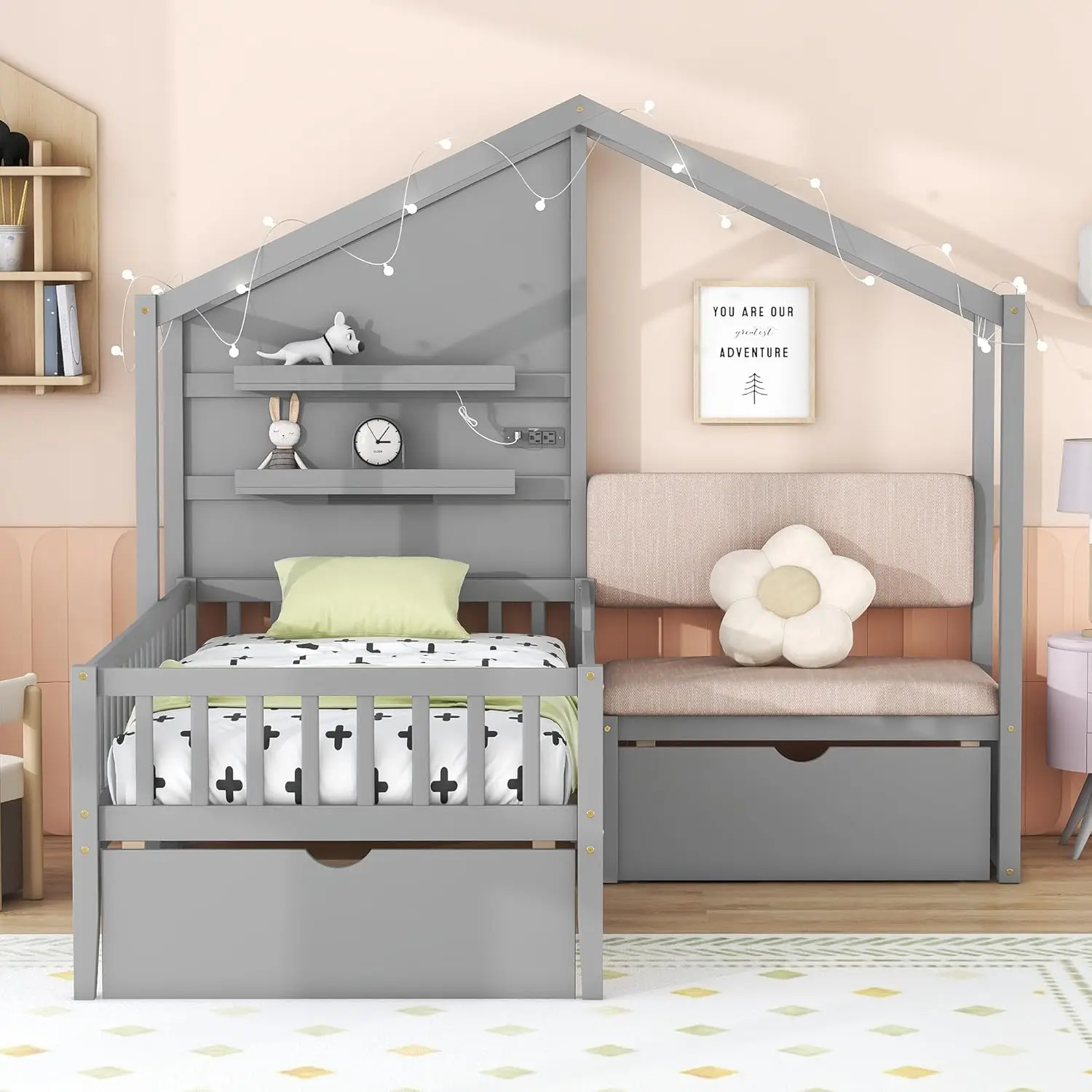 Estrutura de cama infantil de casa de solteiro Harper & Bright Designs com sofá estofado, 2 gavetas e estação de carregamento, cama montessori de madeira