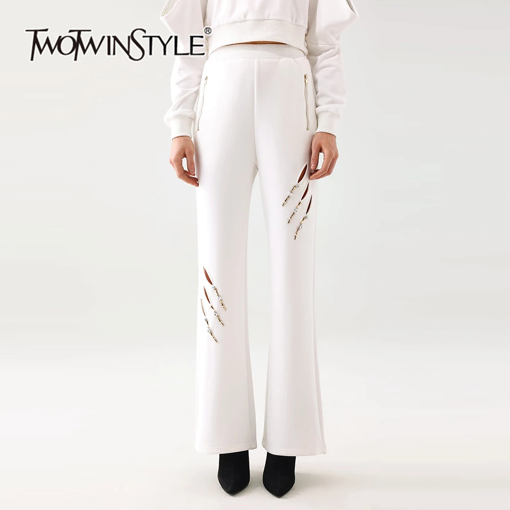 TWOTWINSTYLE Solid Spliced Diamonds Designer Wide Leg Pants For Women High Waist Patchwork Zipper Hollow Out Chic Pant Female