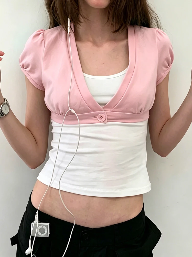 Weird Puss Dopamine Style T-Shirt Women Button Deep V-Neck Puff Sleeve Sexy High Street Hottie Simple Classic Casual Clubwear