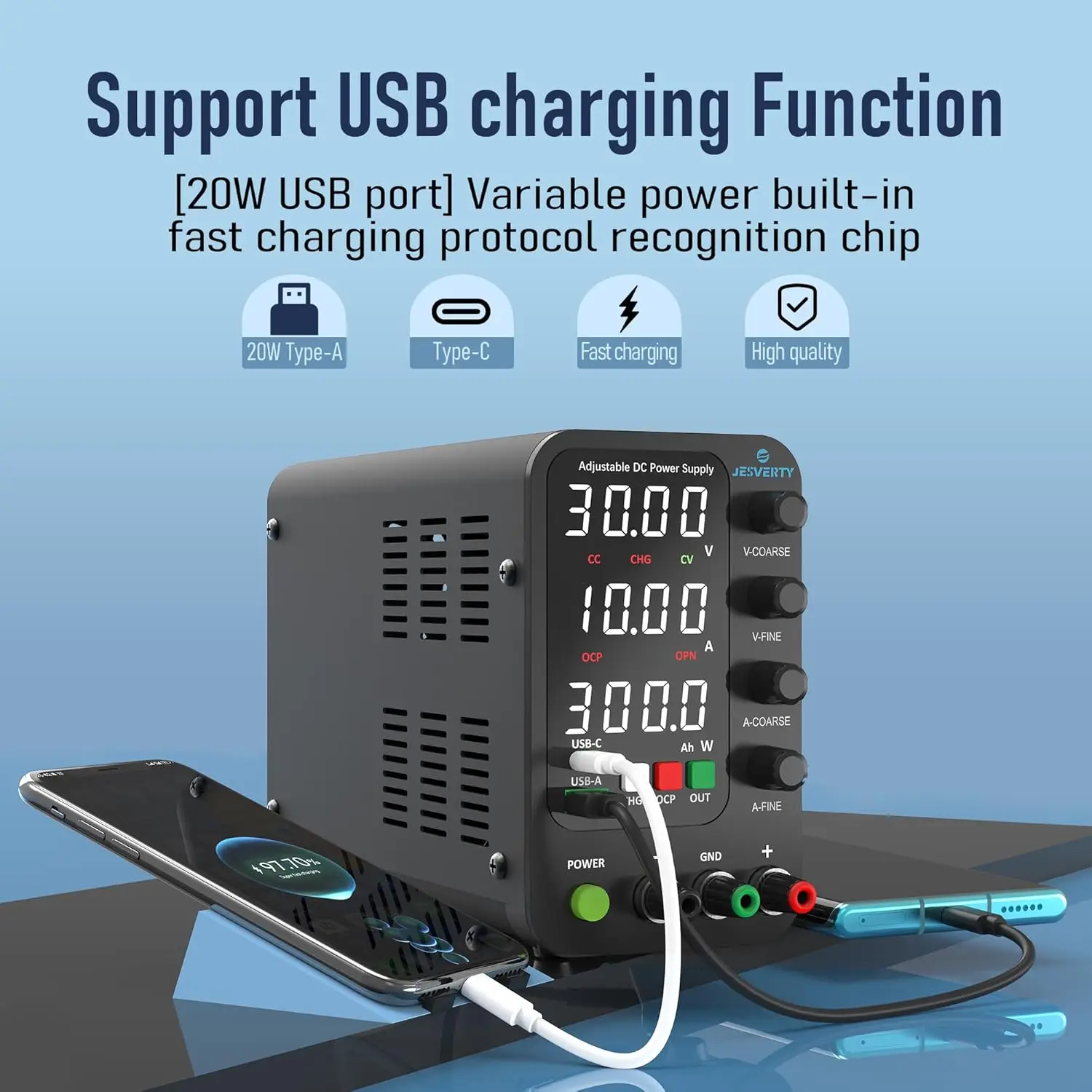 Jesverty DC Lab Power Supply 30V Adjustable Switching Power Supply with 5V 2A USB Charging Display Regulator