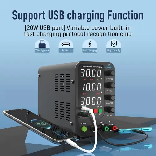Imagen 2 del producto Fuente de alimentación de laboratorio Jesverty DC Fuente de alimentación conmutada ajustable de 30 V con regulador de pantalla de carga USB de 5 V 2 A