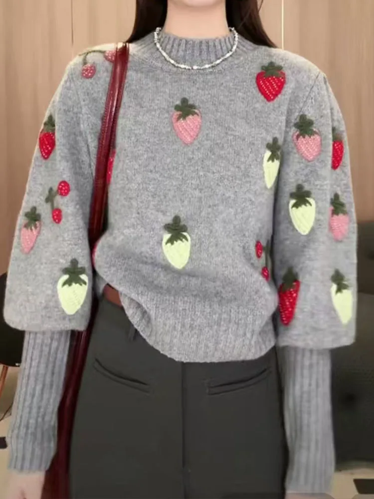 Casual Hook Flower Strawberry Knitted Round Neck Pullover Sweater 2024 Autumn New Fashionable Women'S Clothing